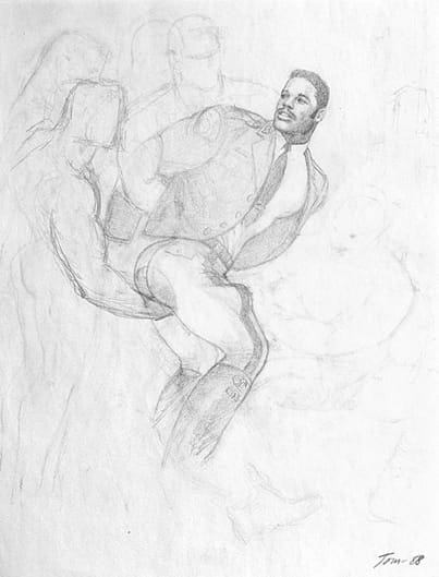 TOM OF FINLAND (Touko Laaksonen, Finnish, 1920 – 1991), Untitled (Preparatory drawing), 1988, Graphite on paper, 11.75” x 8.75”, ToFF #1062, © 1988 Tom of Finland Foundation