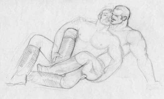TOM OF FINLAND (Touko Laaksonen, Finnish, 1920 – 1991), Untitled (Preparatory drawing), c. 1979, Graphite on paper, 8.31″ x 11.69″, ToFF #1004 © 1979 Tom of Finland Foundation