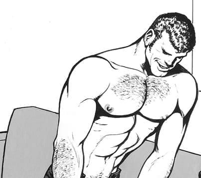 TOM OF FINLAND (Touko Laaksonen, Finnish, 1920 – 1991), Untitled (Detail, from the story, Kake - TV Repair), 1972, Pen and ink, gouache on paper, 11.38” x 9.13”, Tom of Finland Foundation Permanent Collection #72.77, © 1972 Tom of Finland Foundation
