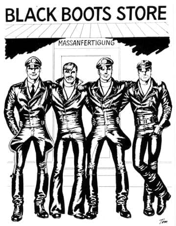 TOM OF FINLAND, (Finnish, 1920 – 1991), Untitled (From Black Boots Store story), 1974, Pen and ink on paper, 11” x 17”, ToFF #74.29, © 1974 Tom of Finland Foundation