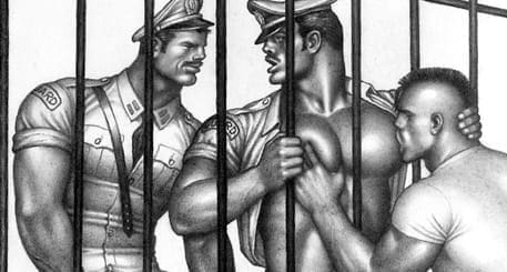 TOM OF FINLAND (Finnish, 1920 – 1991), Untitled (From "Jailhouse" series), 1987, Graphite on paper, 12” x 9.5”, Tom of Finland Foundation Permanent Collection #87.11, © 1987 Tom of Finland Foundation