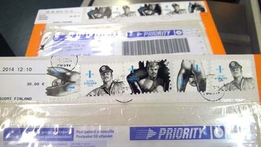 Yle Tampere's package before being posted to Russia adorned with Tom of Finland stamps Image: Yle