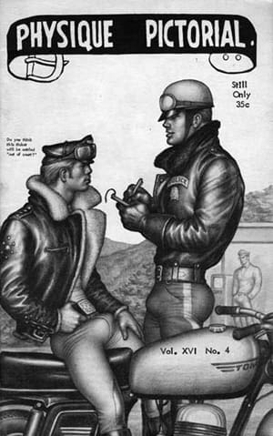 BOB MIZER, Physique Pictorial , 1968 Artwork: TOM OF FINLAND, 1962 Printed with permission of Bob Mizer Foundation, Inc.
