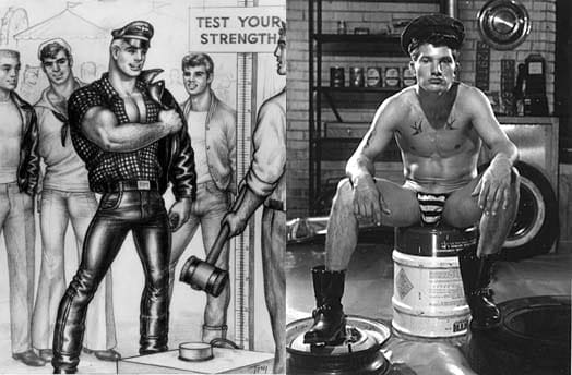 TOM OF FINLAND, Untitled, 1961, Graphite on paper, 12.25” x 9.75”, © Tom of Finland Foundation BOB MIZER, Untitled (Dennis Lavia seated in garage, Los Angeles), c. 1964, Silver gelatin print, 8" x 10”, © Bob Mizer Foundation